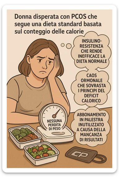 "Desperate woman with PCOS following standard calorie-counting diet, scale showing no weight loss despite strict adherence, expression of confusion and defeat, meal prep containers with healthy foods, insulin resistance making normal dieting ineffective, hormonal chaos overriding caloric deficit principles, gym membership unused due to lack of results scritte in italiano sticker