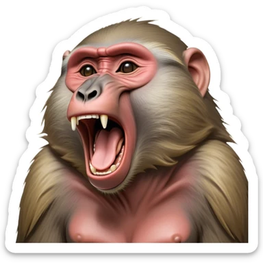 Cinematic Realistic Cute Yawning Baboon Portrait Emoji, Head tilted slightly with a dramatic, wide-open yawn, showcasing a soft, textured face with gently drooping features and half-closed, drowsy eyes, rendered with lifelike natural detail and warm shadows, high shine, relaxed yet expressive, styled with a dash of wild charm, soft glowing outline, capturing the essence of a sleepy yet affectionate baboon that appears ready to stretch out for a hearty nap! sticker