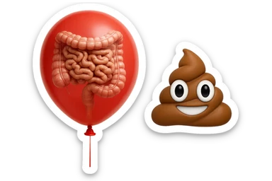 intestino umano anatomico chiuso in un palloncino rosso che simboleggia gonfiore, accanto un simbolo di cacca stile emoji iphoneche simboleggia "diarrea", iperrealistico 4k sticker