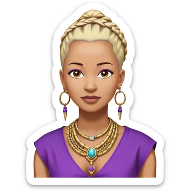 African american 57yr old ,  woman who is 5ft 6in with a blonde and black mohawk of individual braids, with low shaved side haircut,
wearing a purple,  dashiki, with an gold  necklace of Draya inscribed,  wearing big gold bamboo earrings in ears with the name engraved of Draya sticker