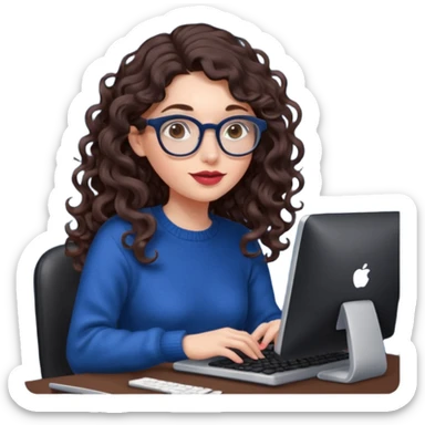 a white young woman with very long wavy dark brown/chocolate hair with curls at the end of her long hair typing in a computer. she's using round glasses, her lips are light red and her cheeks slightly pink. Her eyes are dark brown. She's using a dark blue knit sweater  sticker