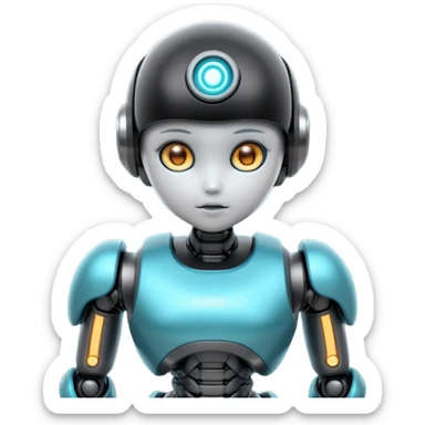 Cute futuristic chibi humanoid robot with large rounded head, glossy black and grey metal body, glowing cyan and amber eyes, visible joints, confident pose, white background, high-detail 3D render, LMX text on chest. sticker