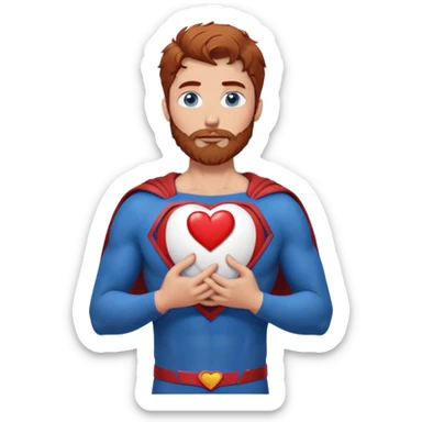 Adult-tall-full body- Superman-with redish brownish messy hair-full neatly trimmed beard-blue eyes-holding a heart with both hands on chest sticker