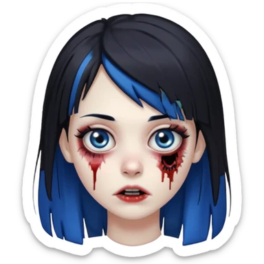 faça uma menina zumbi bonita com um cabelo liso, franja e que metade da franja seja azul e o a outra metade e resto do cabelo sejam pretos sticker