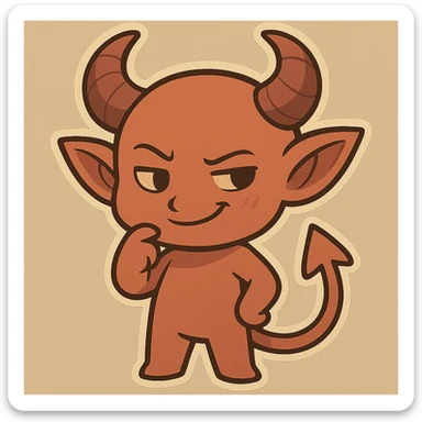 Make this imp look mischievous with a sly grin, raised eyebrow, and a playful, slightly naughty expression, keeping the cute chibi stickers style. sticker