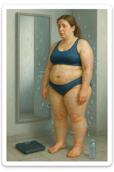 Donna tra i 30 e i 40 anni con viso e corpo leggermente gonfi, in piedi davanti allo specchio in abbigliamento sportivo o intimo. Le gambe, le caviglie e l’addome appaiono visibilmente gonfi, con lieve arrossamento o sensazione di pesantezza. Accanto a lei una bilancia e una bottiglia d’acqua mezza piena. Espressione stanca ma consapevole. In trasparenza o simbolicamente, piccole gocce d’acqua o flussi liquidi bloccati, per rappresentare la ritenzione. Colori freddi, luce naturale e ambiente domestico. Stile realistico, con accenti simbolici ben comprensibili sticker
