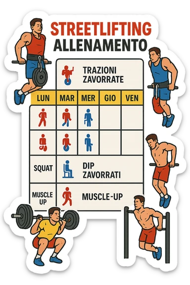 a streetlifting training sheet with icons for each exercise—weighted pull-ups, weighted dips, squats, muscle-ups—organized in a weekly schedule. Around the sheet, small illustrations show athletes performing each movement with proper form. The color palette is bold and energetic, and the background is clean and minimal. in italiano sticker
