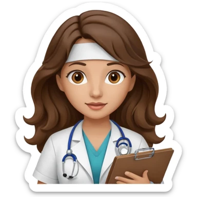 make a brunette nurse with long brown wavy hair and brown eyes holding a clipboard. she should also have a stethoscope around her neck. sticker