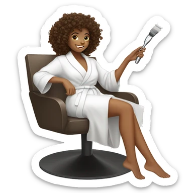 Brown kinky curl haired girl in a white robe shaving her legs sticker