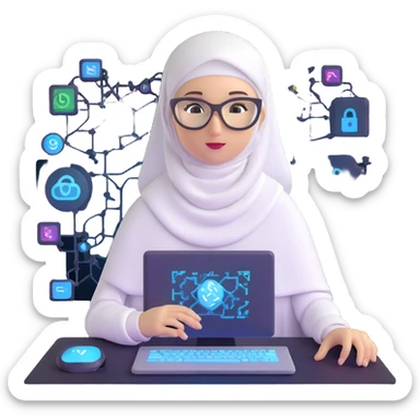 computer engineer with white hijab actively coding and building in the metaverse, hands manipulating holographic code, creating virtual structures, programming digital environments, surrounded by her code creations coming to life, AR glasses on sticker