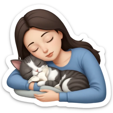 Brunette girl  sleeping with grey white  cat sticker