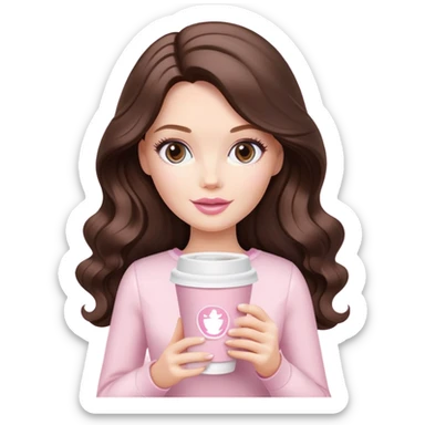 A white Barbie girl with long dark brown wave hair and a pale pink paper cup of coffee sticker