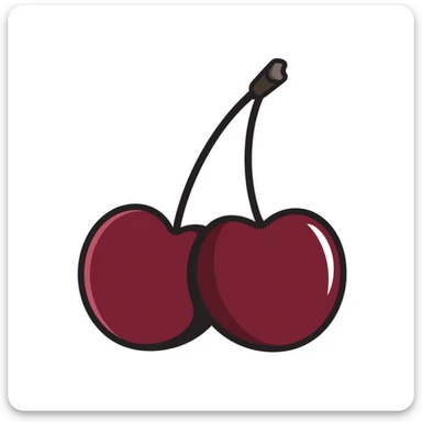 Hand-drawn pair of deep burgundy cherries with stem and leaves, dark rich red sticker