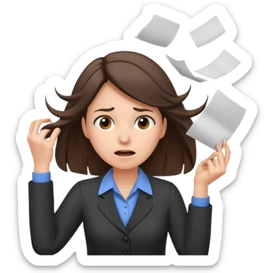 female teacher pulling her hair with stressed face, papers flying everywhere, brunette sticker