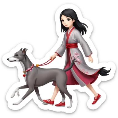 Japanese girl with flowing hair walking a solid grey greyhound with cherry blossoms in the background sticker