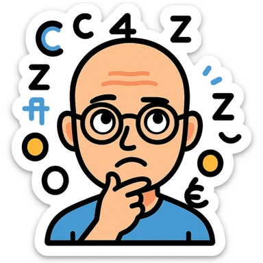 Add a thinking expression to the bald headed man with glasses and math symbols over his head, keep the background transparent. sticker