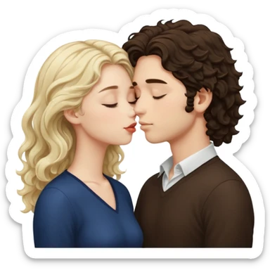 Tall White Italian boy with dark brown wavy fluffy hair and blonde wavy hair girl that's pale with wavy hair kissing with eyes closed  sticker
