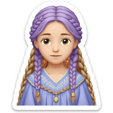 Joven de unos 20 años, de aspecto dulce y elegante.
Piel clara, ojosy expresivos, sonrisa triste.
Rubio o castaño claro, largo, con trenzas o velo.
-Vestido largo de tonos suaves (blanco, azul o lavanda), con bordados dorados; un manto o toca fina cubriendo la cabeza. sticker