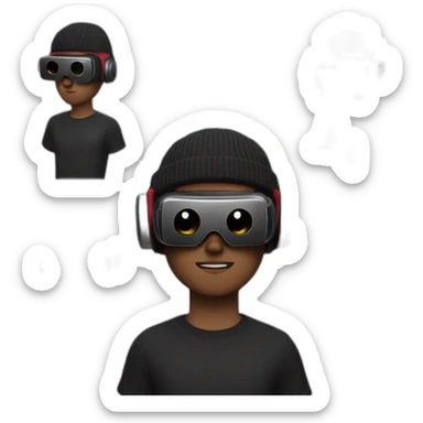 A 19 year old white guy, in a beanie, wearing a VR headset, in a black outfit with dark red accents sticker