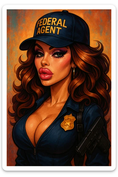 A glamorous female federal agent with exaggerated lips, big hair, a baseball cap labeled 'Federal Agent', dramatic makeup, and a large chest, stylized, detailed, vibrant colors sticker