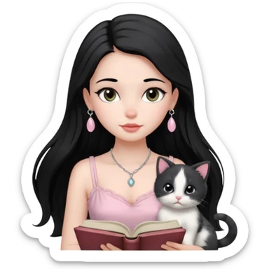 Menina branca ,cabelos cor preta longos, olhos cor preta puxados para cima. Cílios longos, lábios grossos ,nariz pequeno ,vestido rosa claro de alça. Colar e brinco delicado. Lendo um livro com gatinho preto e branco. sticker