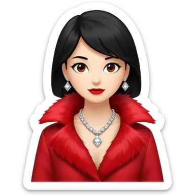 * Character: A stylish lady,black hair
* ﻿﻿Clothing: A luxurious red fur coat
* ﻿﻿Accessories: A dazzling diamond necklace
* ﻿﻿Expression: Confident, elegant, maybe slightly glamorous
* ﻿﻿Pose: Head slightly tilted or a poised posture
* ﻿﻿Style: Emoji-like, simple but expressive sticker