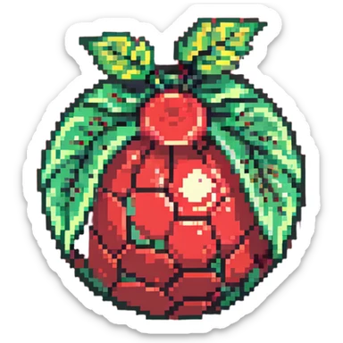 Green digital bomb animation frame 1, round bomb body with green highlights, full-length leaf-shaped fuse at top, nature-inspired design, pixel art style sticker