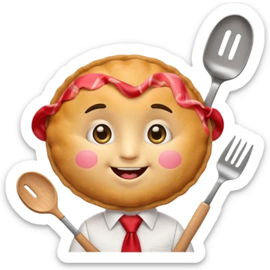 emoji style, happy fried empanada with face, big sparkling eyes, blushing cheeks, two buck teeth, red necktie, holding spatula, thick black outline, golden brown color, very cute and wholesome, transparent background sticker