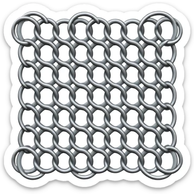 3D render of Screen Door Fragment, made of interlocking chainmail metal rings, wire mesh texture, visible holes and negative space, metallic silver and grey, high contrast shadows, emoji style, isolated on white background --v 6.0. sticker