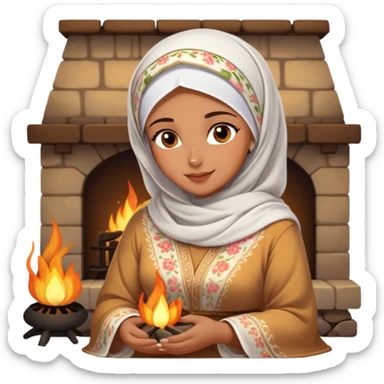 An Arab woman dressed in a beautiful floral traditional outfit with a delicate white headscarf sits by a fire at night. The warm glow of the flames highlights her radiant features, giving the scene a soft, serene, and intimate feel. sticker