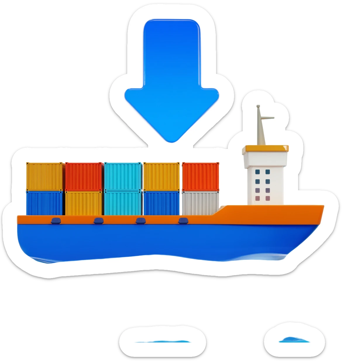 A 3D stylized cargo ship carrying colorful containers, with a large blue arrow pointing downwards or towards the viewer. Modern aesthetic, glossy materials, ocean blue and bright orange accents, 4k render, white background. sticker