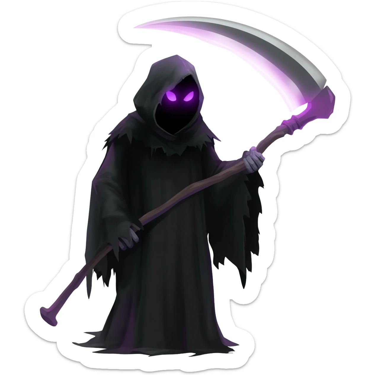 Dark black Shadow Grim reaper with scythe dark themes, covered with tattered dark black cloak and only purple glowing eyes and scythe with light purple glow sticker