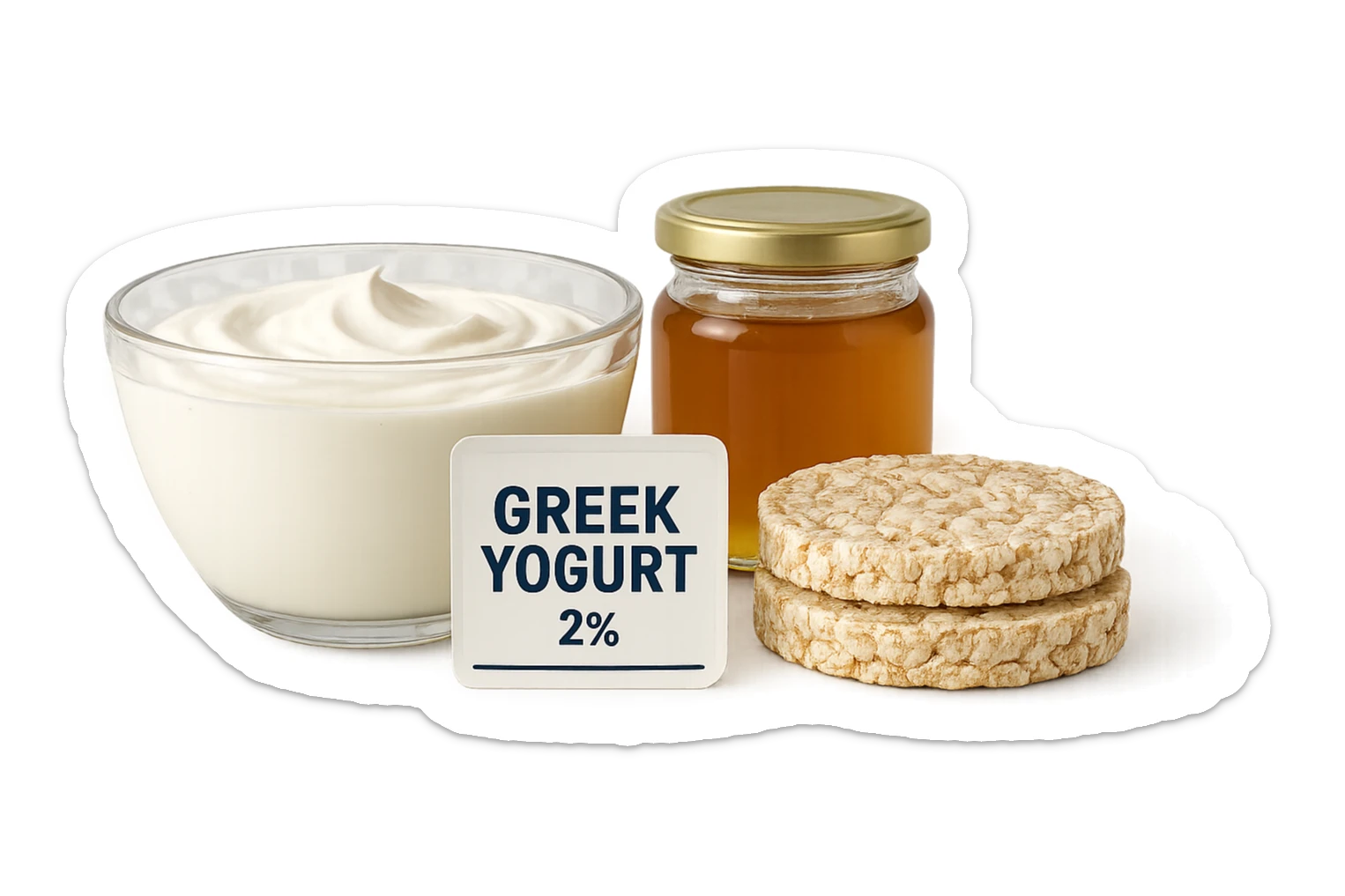 Yogurt Greco 2%
Miele (senza il cucchiaio di legno)
Gallette di Riso
vista frontale, iperrealistico 4k sticker