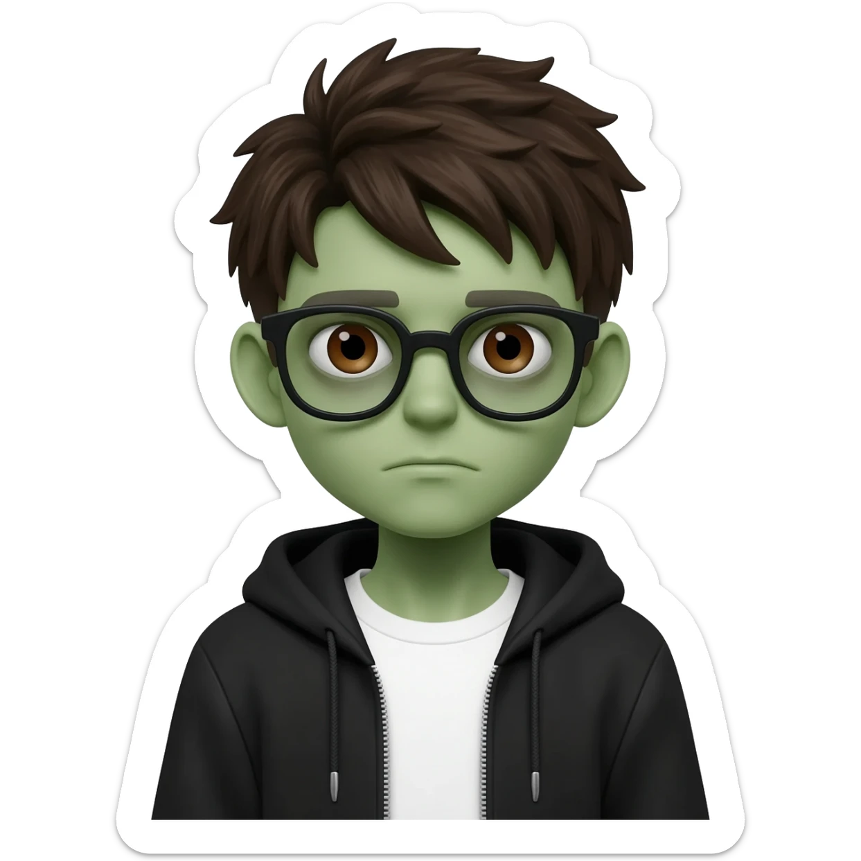 zombie boy with white tshirt and black brownish hair and with black glasses frames on hair is texturized young boy and round face more green face and dark brown eyes black y2k hoodie with the white t-shirt under it sticker