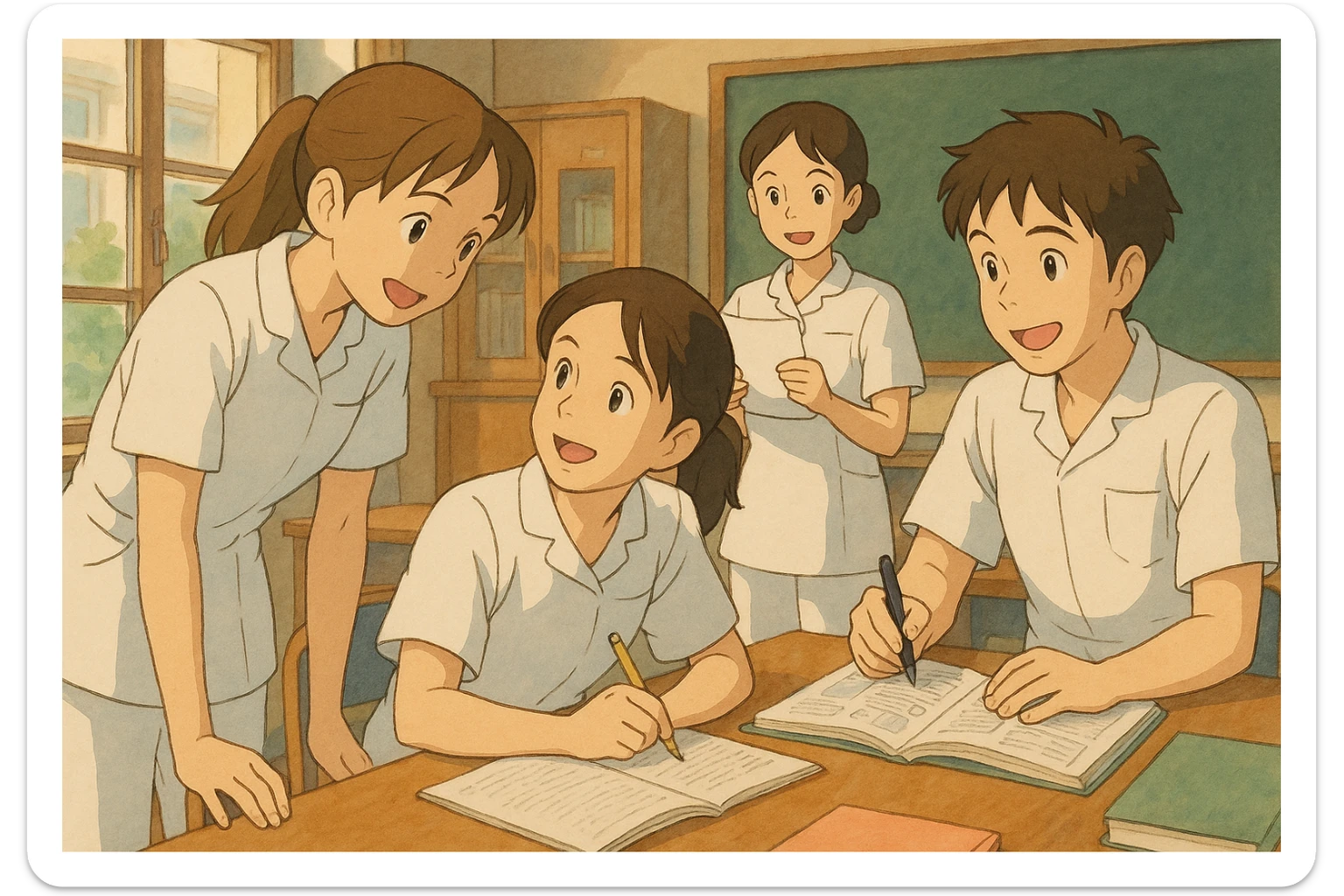 Quatre étudiants infirmiers en intérieur, style Ghibli, travaillant en collaboration et en interaction. Uniformes blancs à manches courtes, tuniques médicales col en V, poche poitrine à gauche, avant-bras nus, pas de pied de col ni stéthoscopes, cheveux longs attachés pour ceux qui en ont. Ambiance chaleureuse, dynamique, professionnelle. sticker