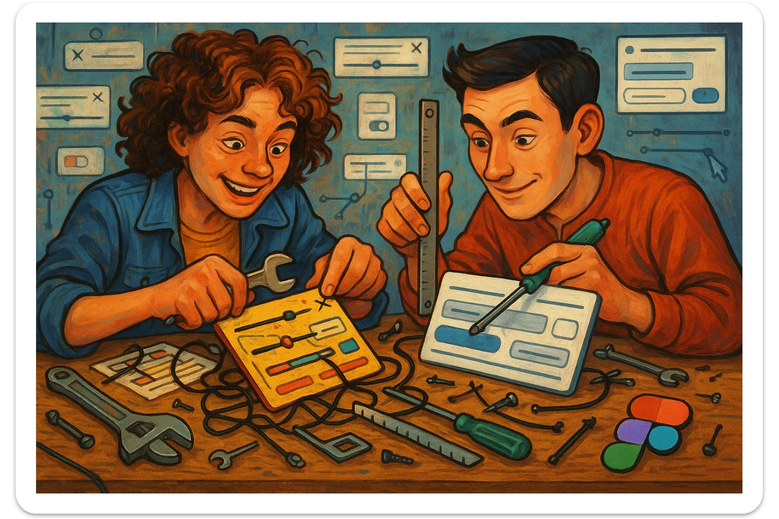 Two designers in a creative repair lab, one with curly hair and one with short dark hair, working together to fix messy old UI components. They are focused and playful, surrounded by tools like a wrench, ruler, and Figma interface elements. The scene is part chaotic, part clever, showing them transforming legacy UI into something clean and beautiful. sticker