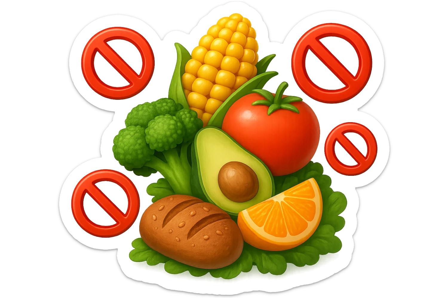 EMOJI STILE IPHONE DI UNa montagna di cibo sano con divieti 3d sparsi, IPERREALISTICO 4K sticker