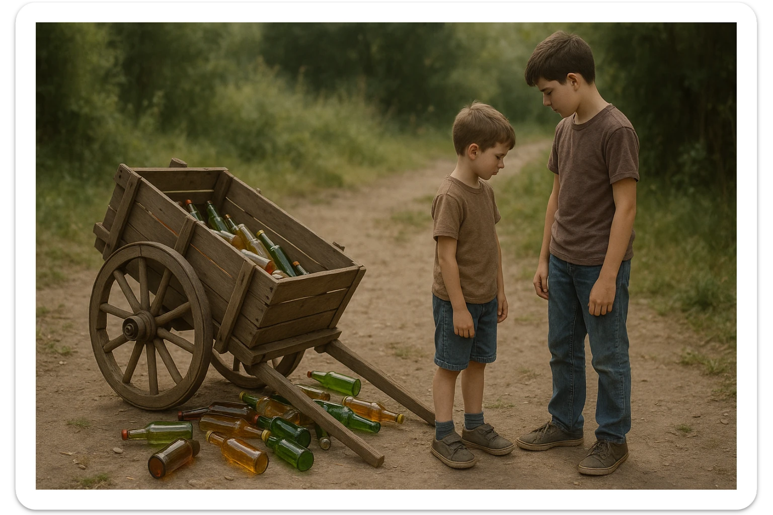 Bir g'ildiragi singan ichimliklar ortilgan arava uning yonida aka uka bir biriga havotirli nigoh bilan qarab turibdi realistik uslubda yuzi ko'rinmasin sticker