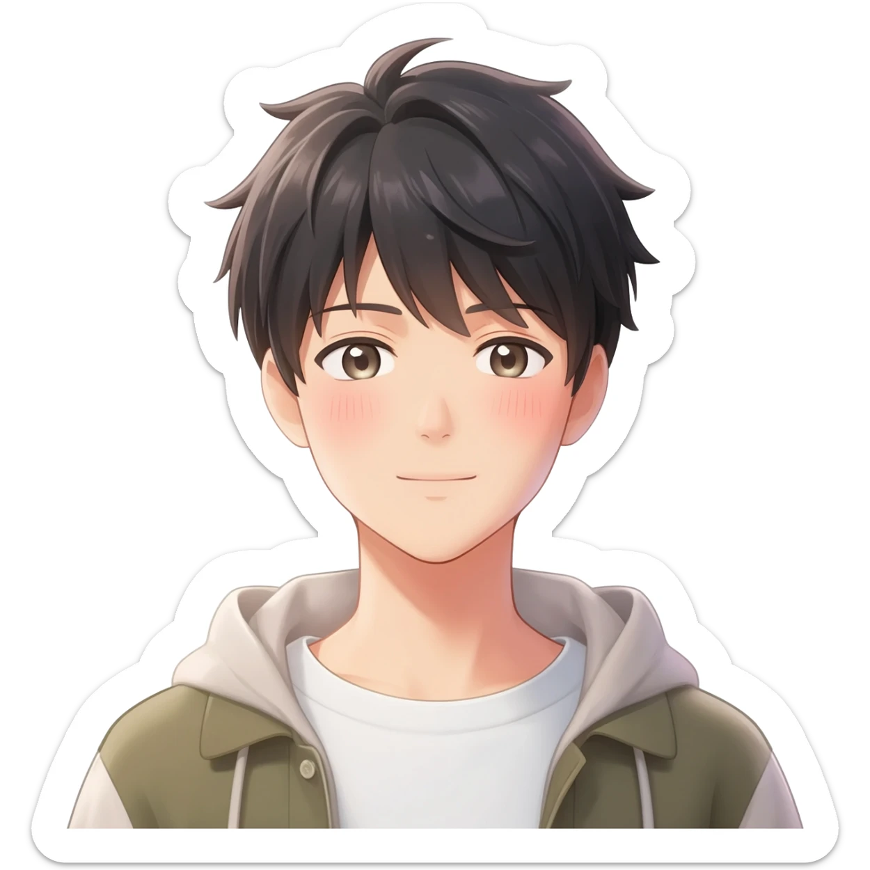 Gorgeous bright sparkly romantic Asian anime guy with blushing face aesthetic trending style outside sticker