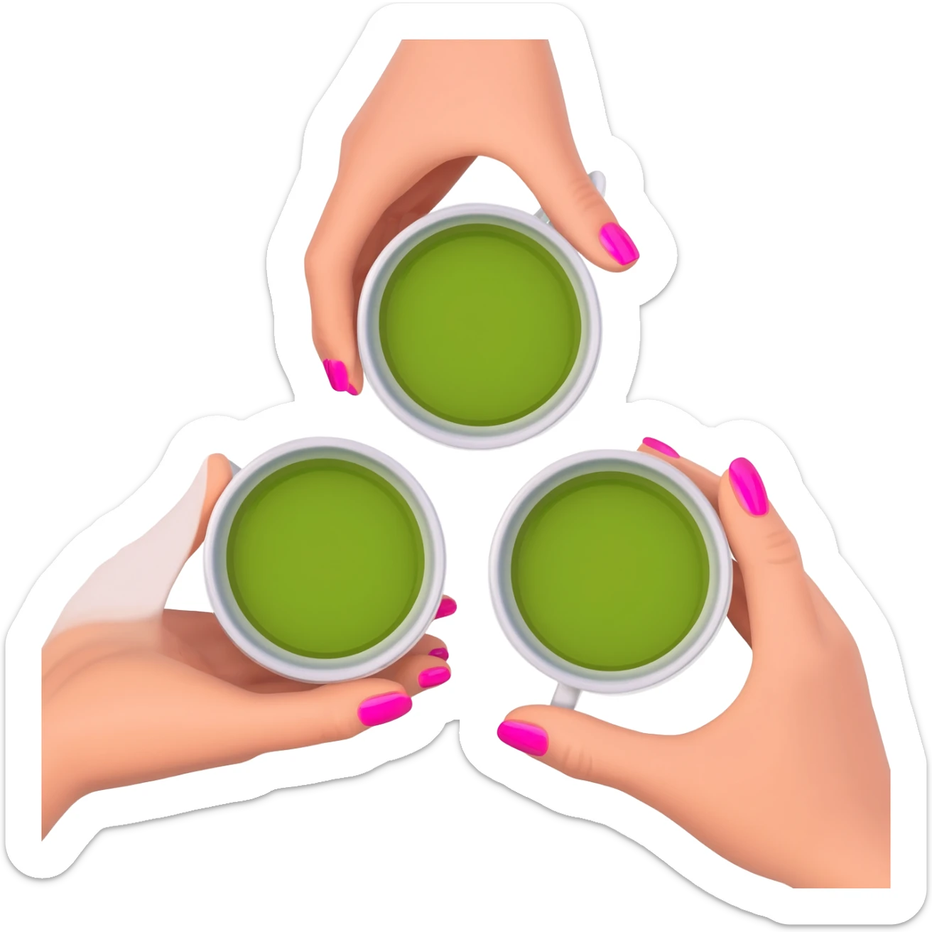 3 womens hands with nice nails holding matcha drinks together sticker