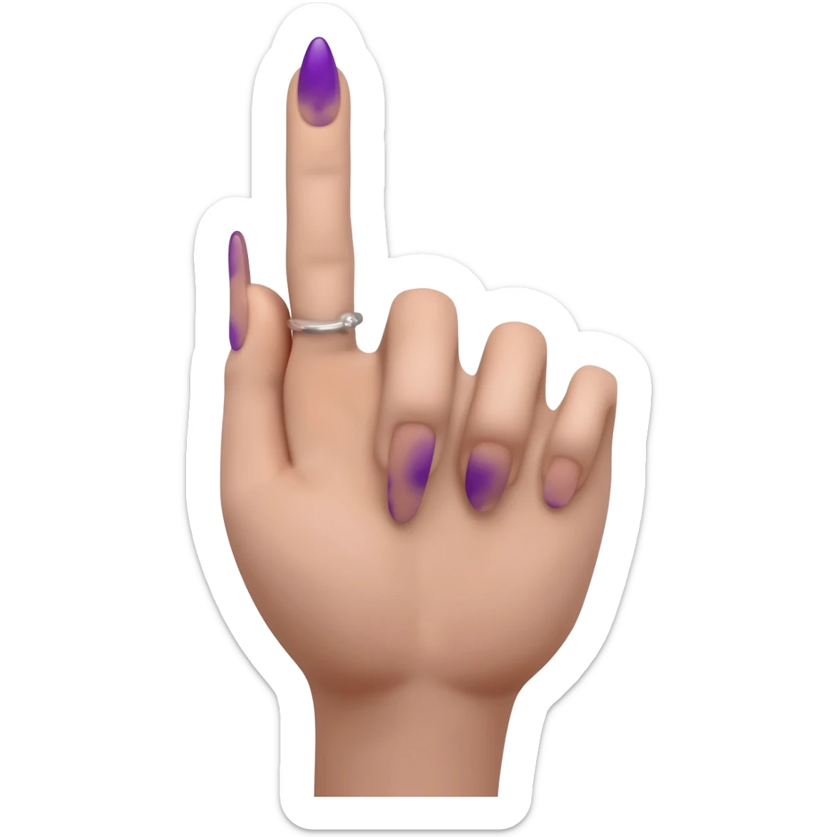 Delicate female Hand flipping the middle finger with purple stiletto nails,  only the middle finger up sticker