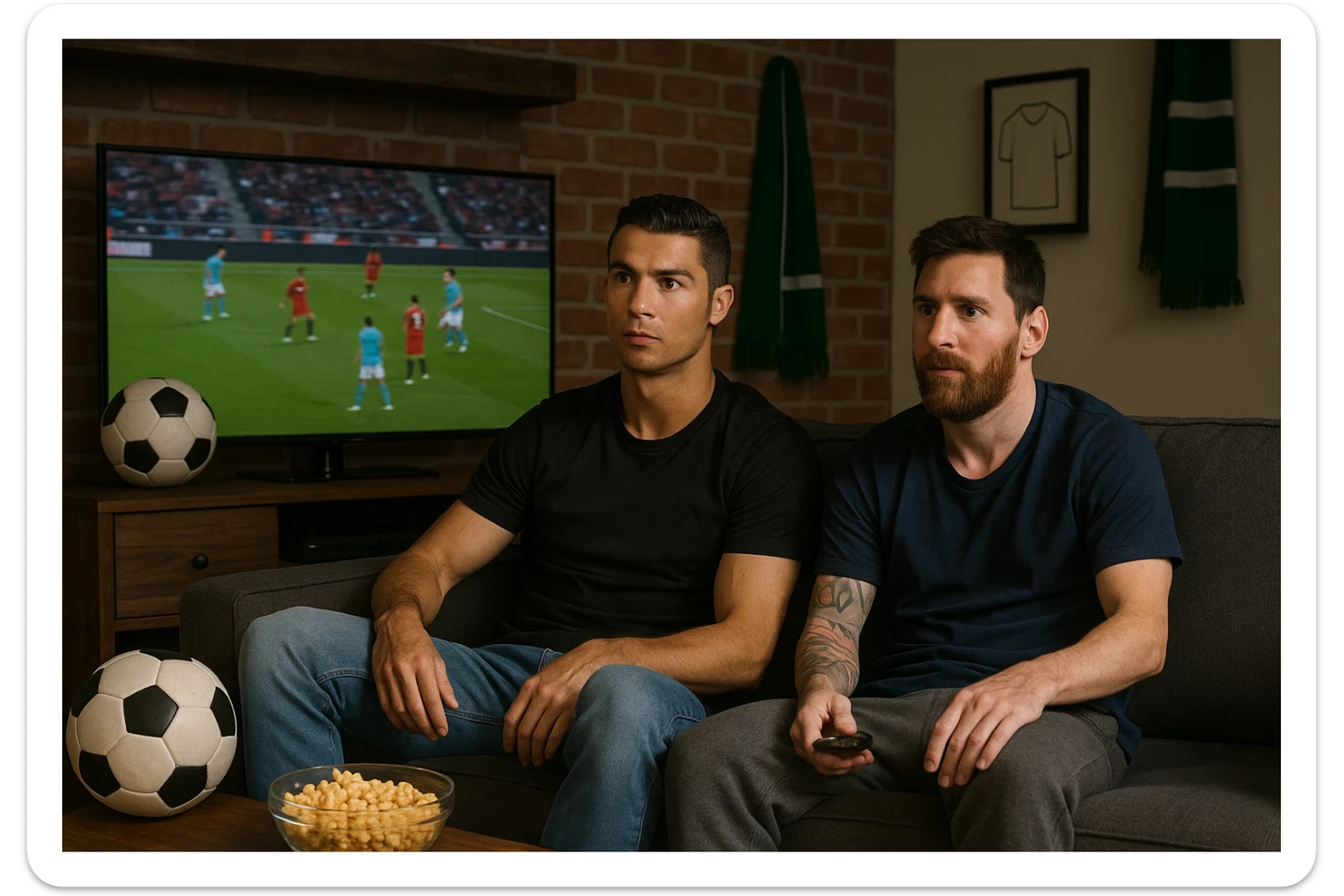 Ronaldo and Messi sitting on a couch watching TV, with a football match playing in the background sticker