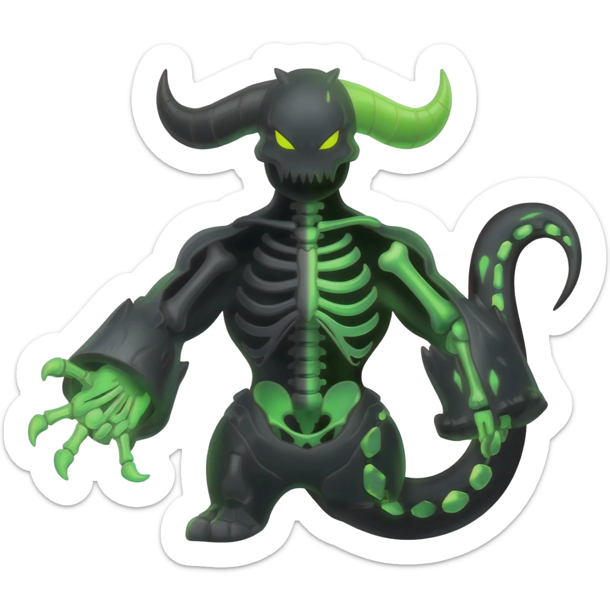 Horned Evil Cool Handsome Badass Edgy Obsidian-black and neon-glowing-green skeletal Meloetta-Salandit-Gorebyss-Zygarde-Pokémon-Fakémon-creature-fusion-hybrid sticker