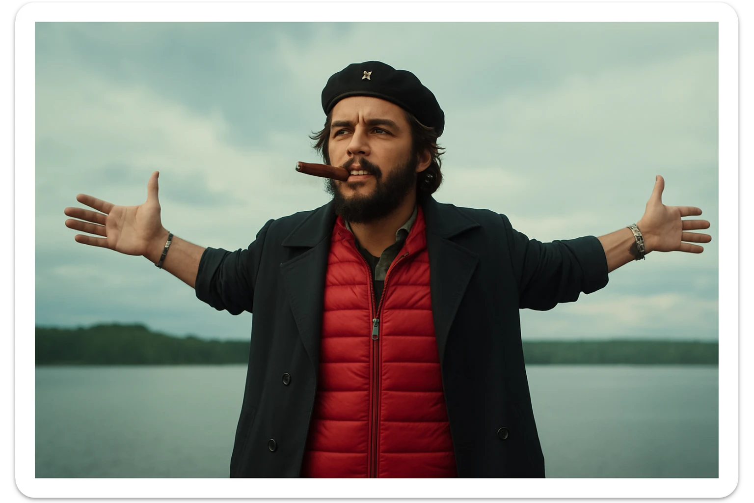 Сгенерируй мне в такой же позе и в такой же одежде Че Гевара и с сигарой в зубах, без надписей и слов sticker