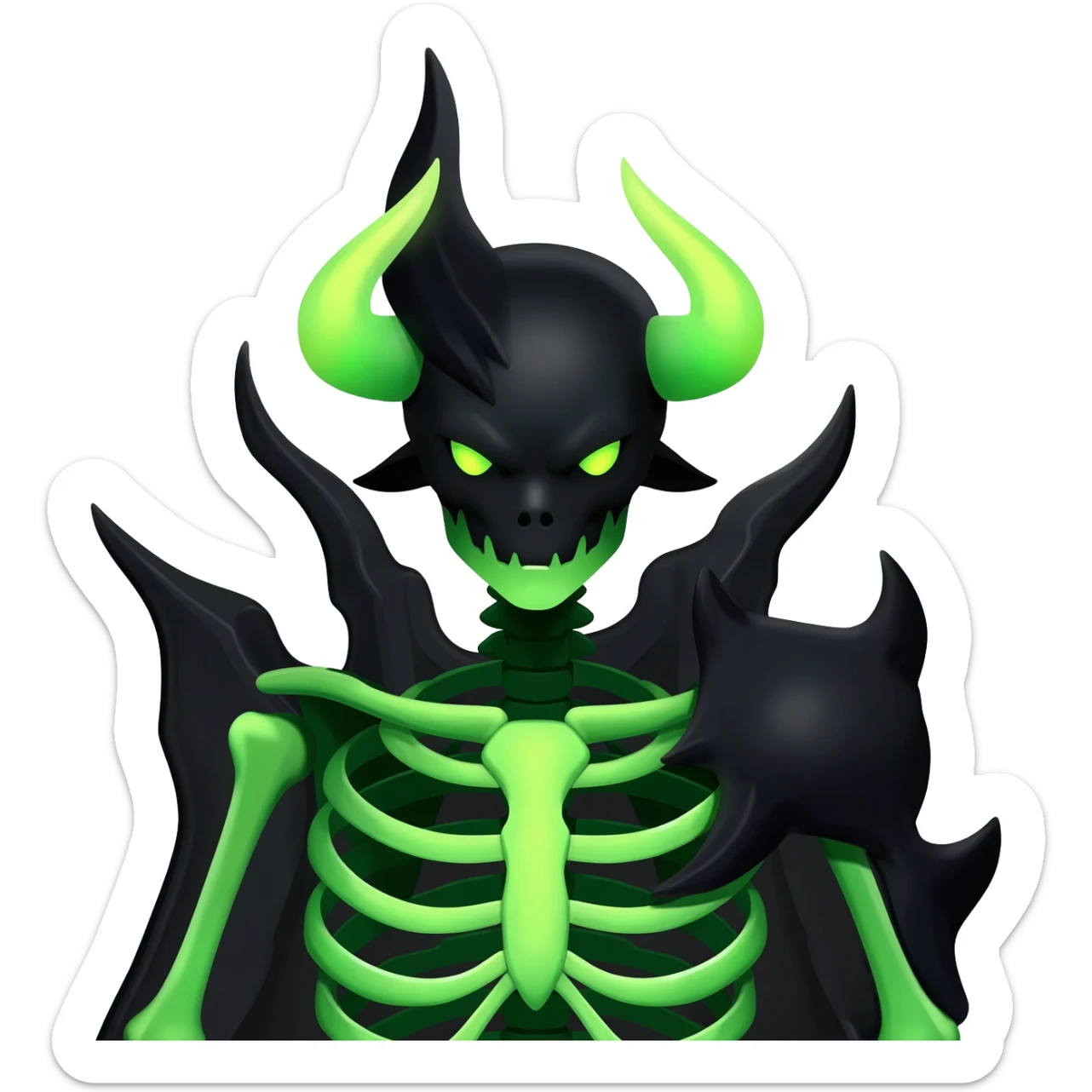 Horned Evil Cool Handsome Badass Edgy Obsidian-black and neon-glowing-green skeletal Meloetta-Salandit-Gorebyss-Zygarde-Pokémon-Fakémon-creature-fusion-hybrid sticker