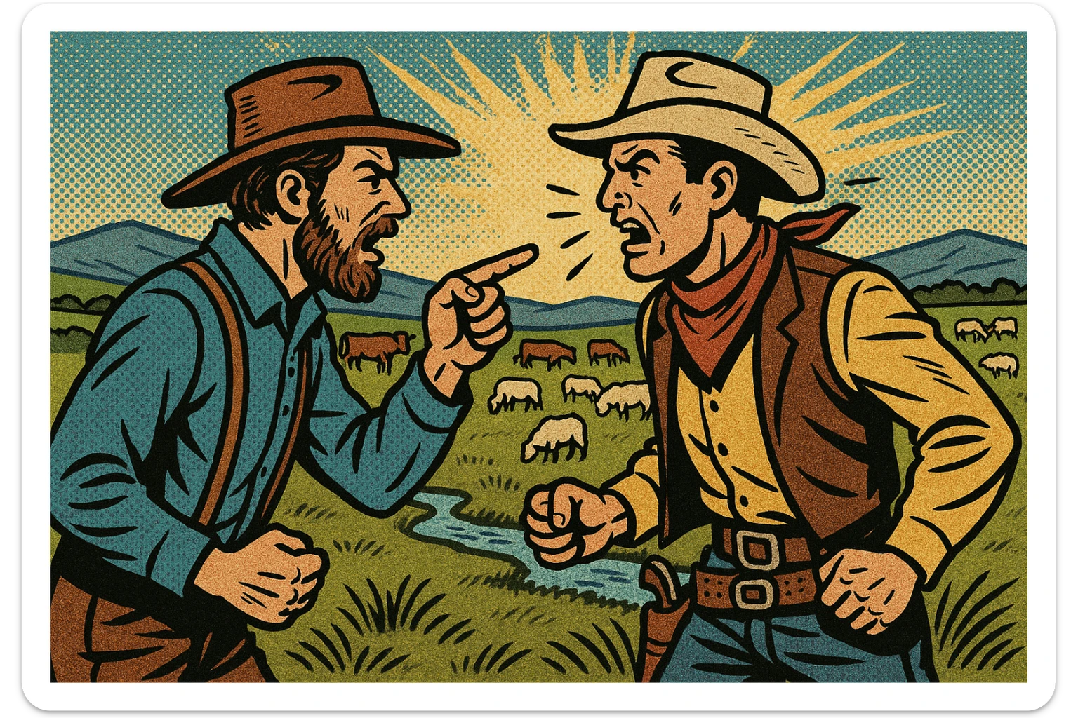 A homesteader having an argument with a cattle rancher cowboy in the grasslands of the American West in the 1870s. There are cattle and sheep grazing in the background with a small stream running through the land. sticker