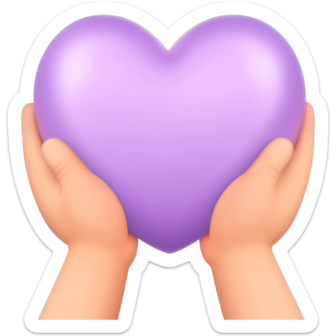 Emoji style, two soft rounded hands holding a delicate pastel violet satin heart, coquette aesthetic, glossy finish, clean background, Apple iOS style. sticker