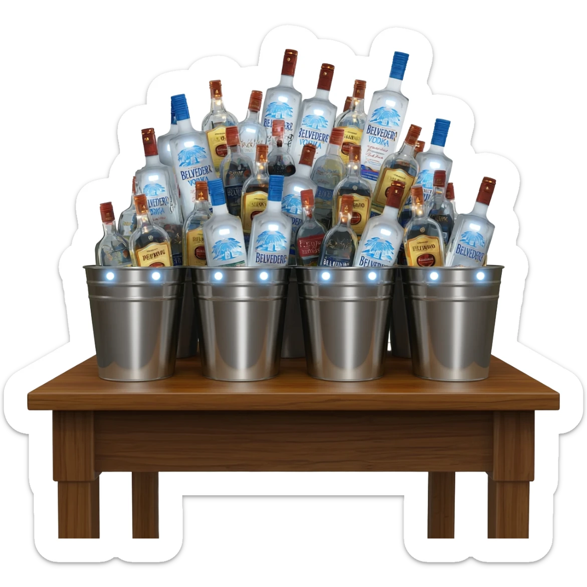 People regularly took pictures of the bottles piled high in buckets on the tables. Liquor bottles are likewise decorated with blinking flashlights. Bottles of Belvedere vodka and Patron tequila are lit from within the glass bottle with a dark light sticker