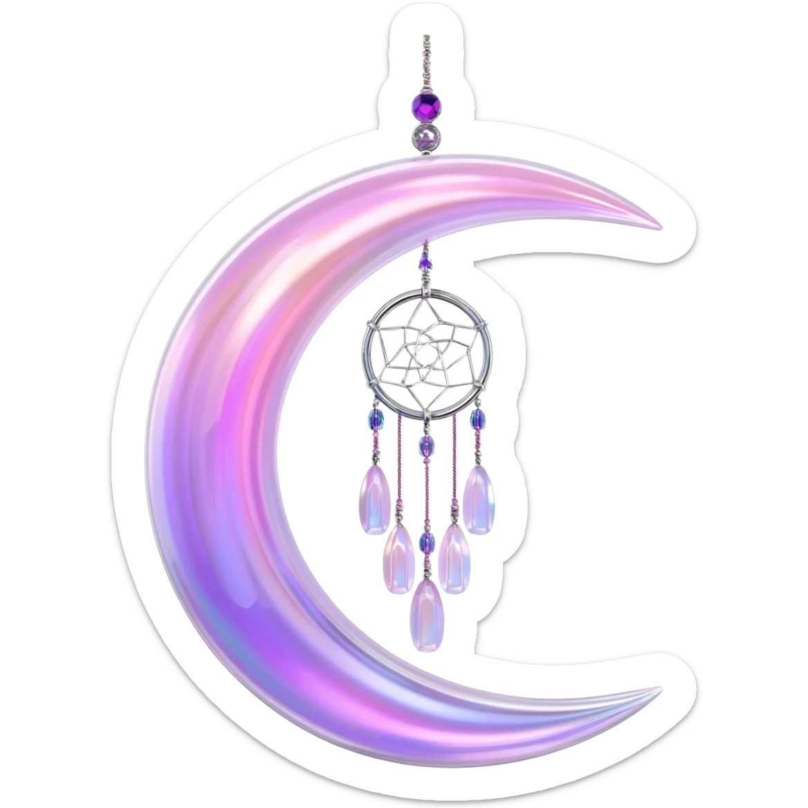 Iridescent shiny transparent pastel purple-pink-indigo-violet crescent-moon-Dreamcatcher hanging from a thread, with gemstones, and beads sticker