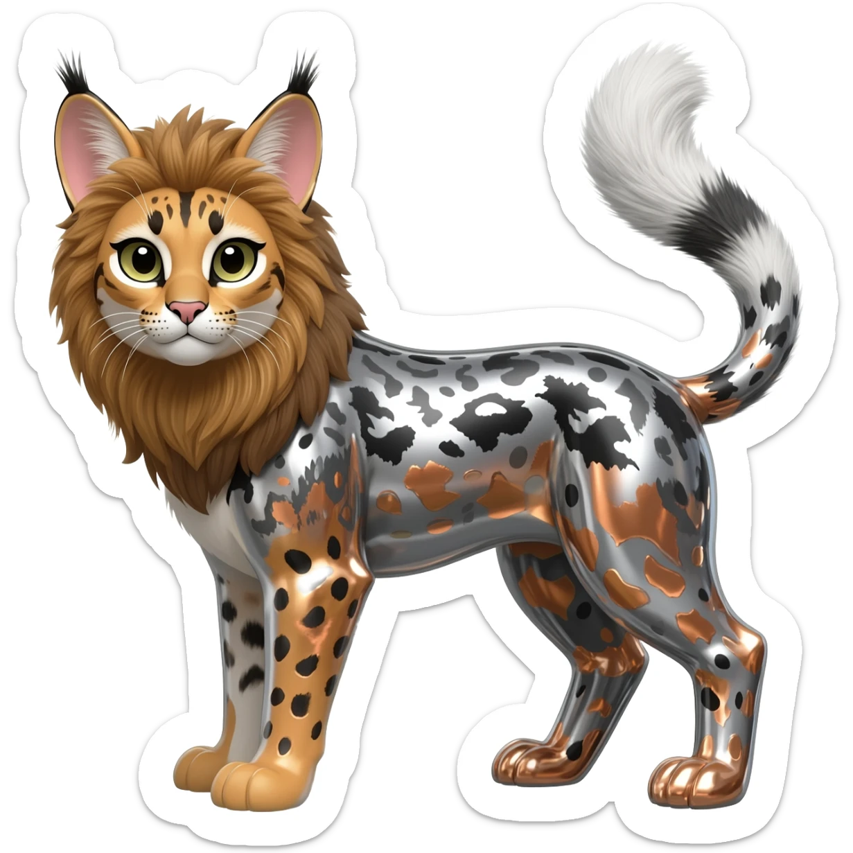 Realistic patterned marked edgy greyish blackish whitish silvery coppery Shiny Colorful Glossy Genet-Caracal-Lion-Bunny-Bobcat-fusion-animal-hybrid-creature, full body, big-tufted-bat-ears, long-thin-tufted-white-tipped-tail sticker